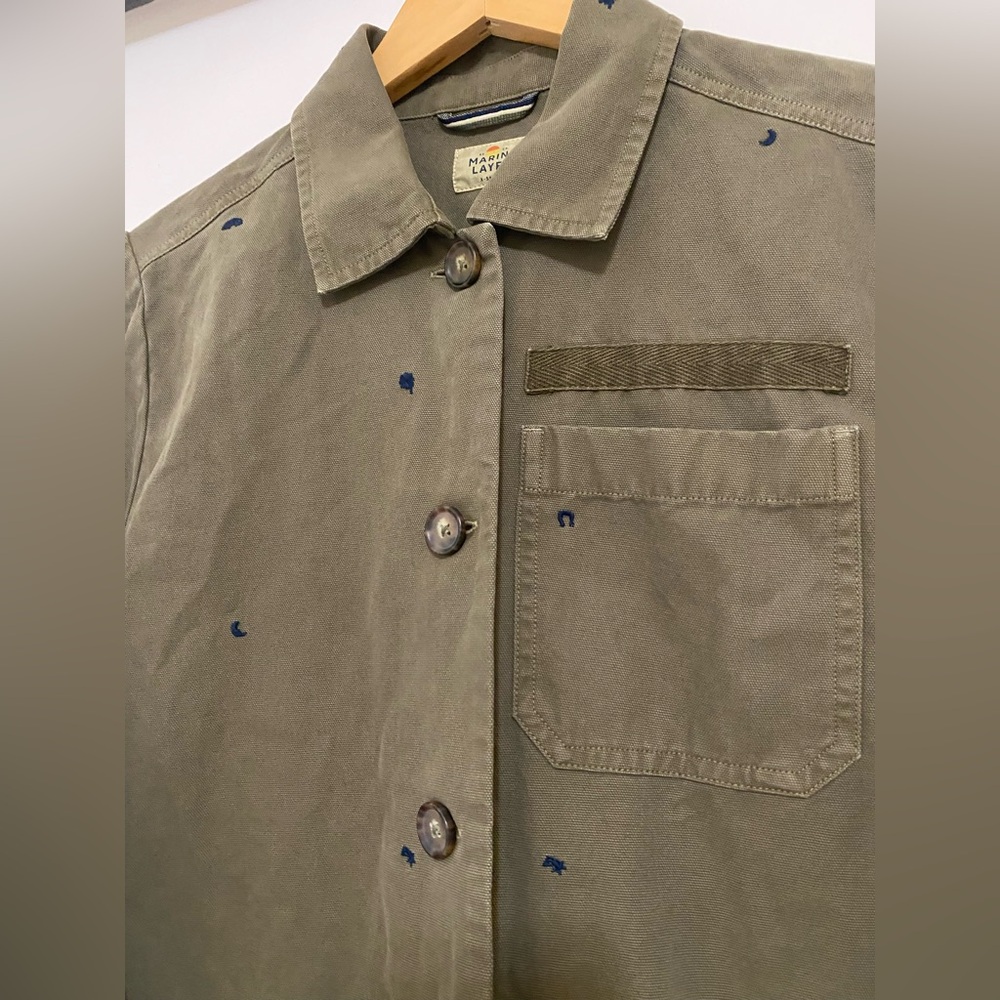 Marine Layer Chore Coat Organic Cotton Olive Embroidered Trucker Jacket - Picture 9 of 12